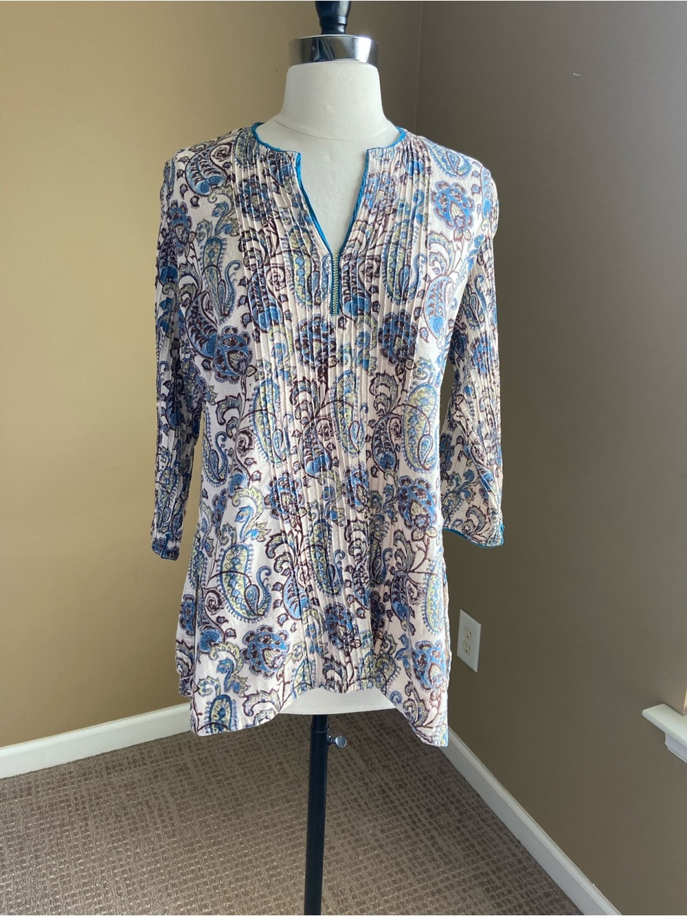 Anokhi Women's Blue Paisley Block Print Pintuck Indie Top- Large- 100% Cotton